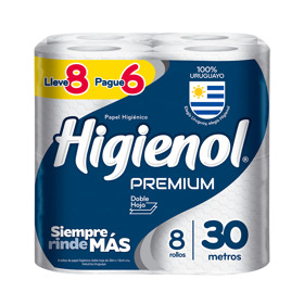 Imagen de HIGIENOL PAPEL HIGIENICO PREMIUM DOBLE HOJA 30 mts 8x6 uni.